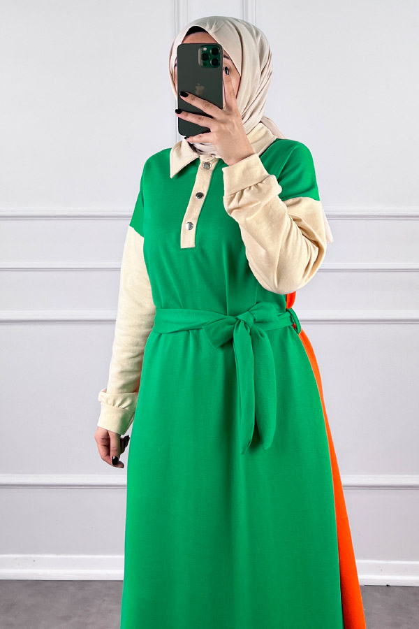 Üç Renk Kuşaklı Elbise - Yeşil