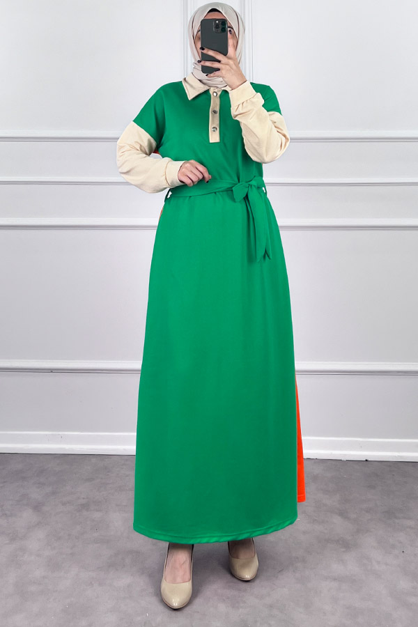 Üç Renk Kuşaklı Elbise - Yeşil
