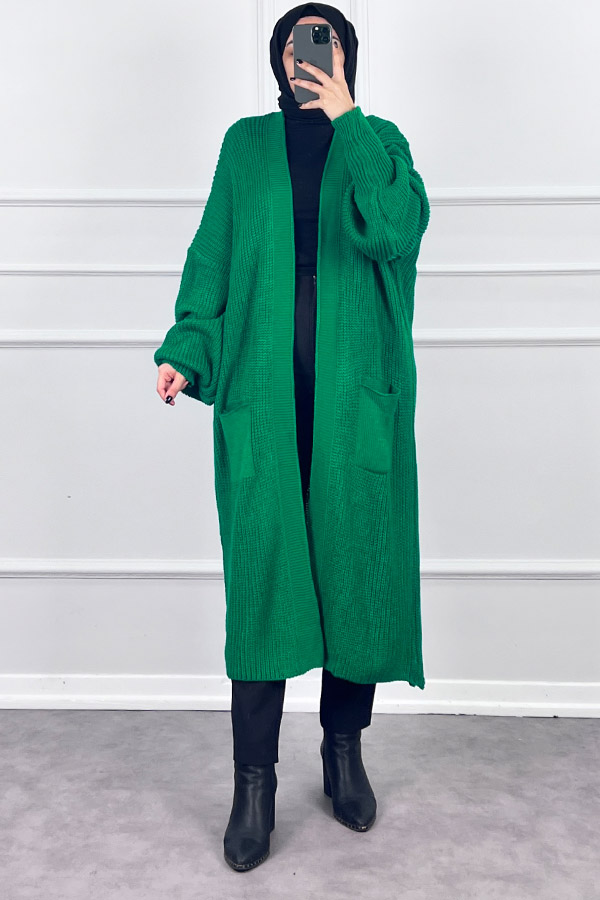 Uzun Triko Hırka - Yeşil