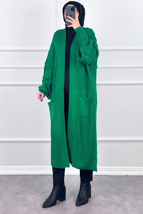 Uzun Triko Hırka - Yeşil