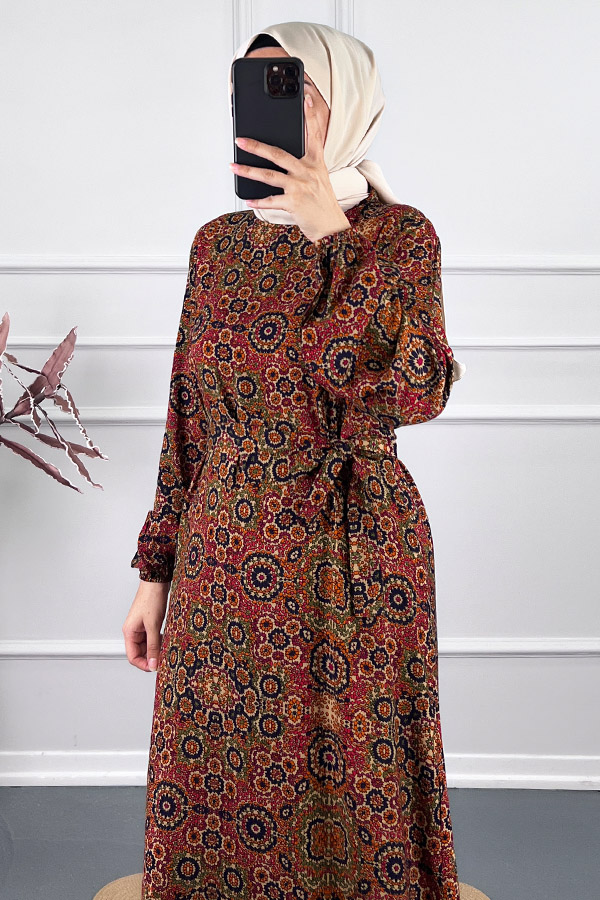 Vip Desenli Elbise - Bordo