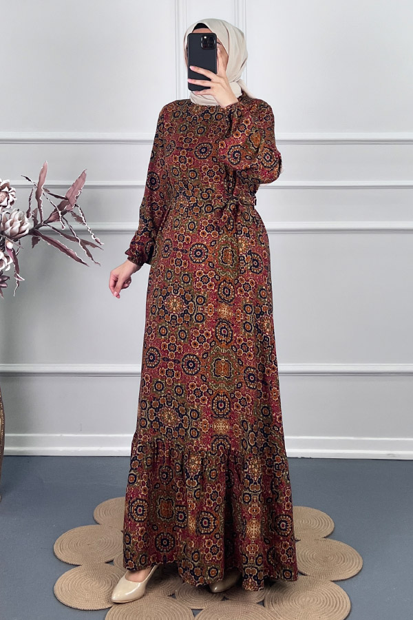 Vip Desenli Elbise - Bordo