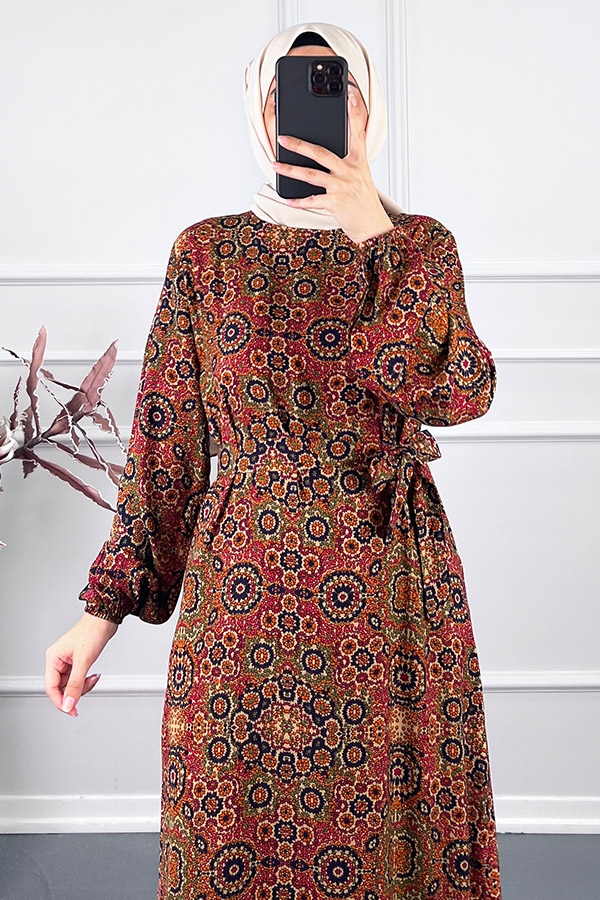 Vip Desenli Elbise - Bordo