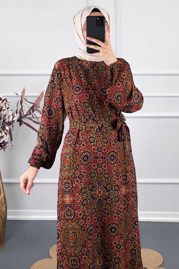 Vip Desenli Elbise - Bordo