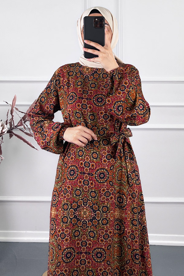 Vip Desenli Elbise - Bordo