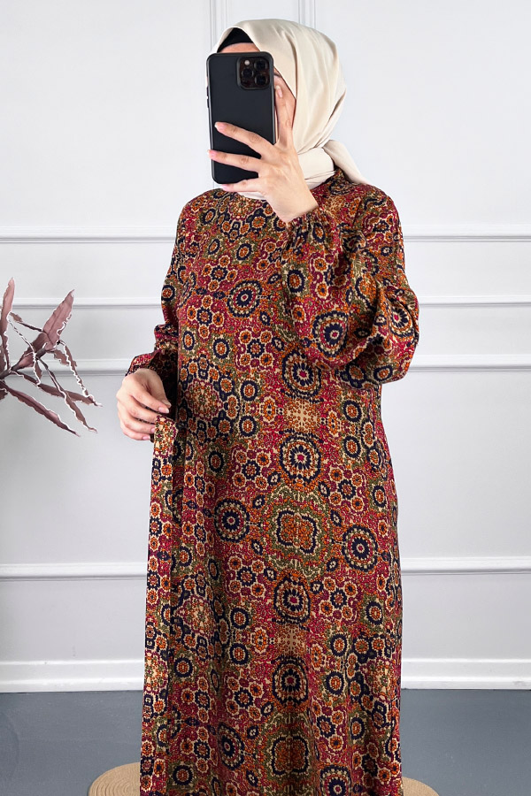 Vip Desenli Elbise - Bordo