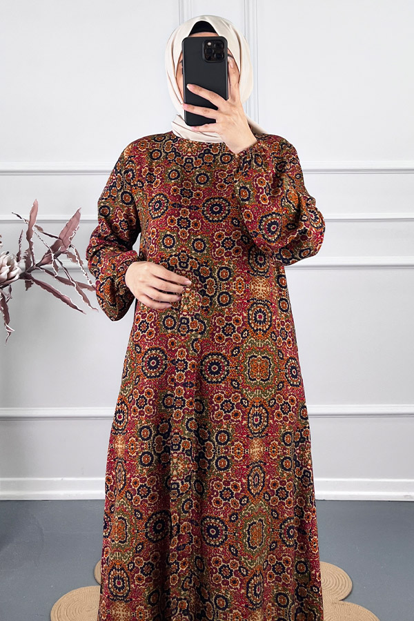 Vip Desenli Elbise - Bordo