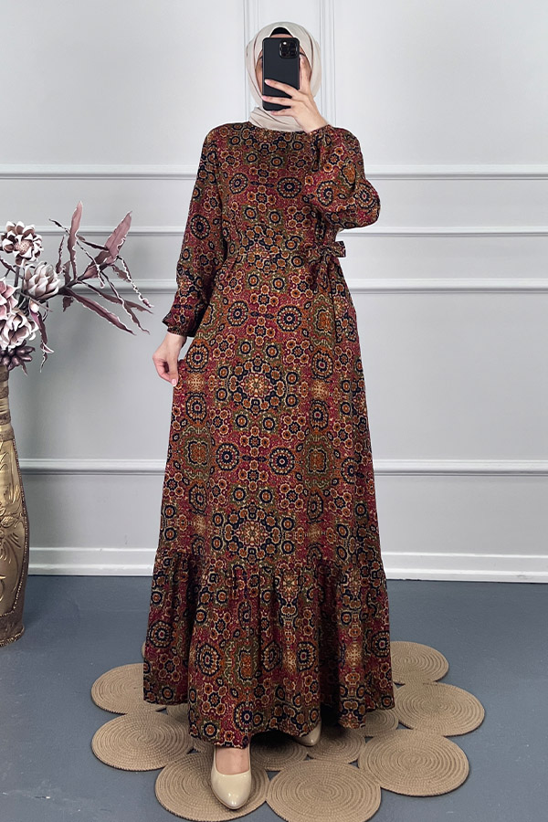 Vip Desenli Elbise - Bordo