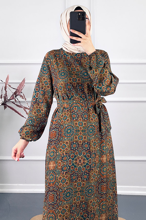 Vip Desenli Elbise - Yeşil