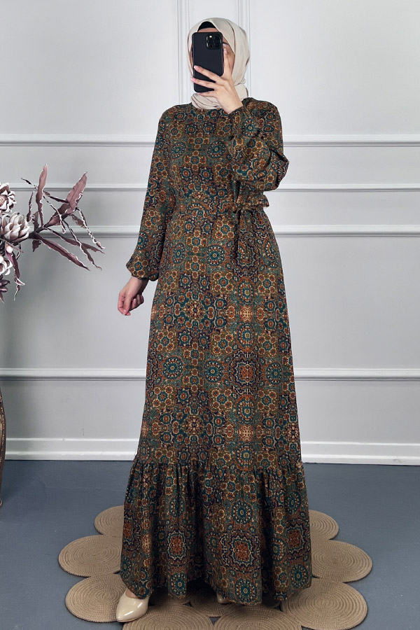 Vip Desenli Elbise - Yeşil