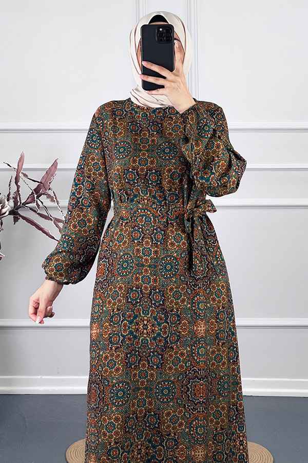 Vip Desenli Elbise - Yeşil