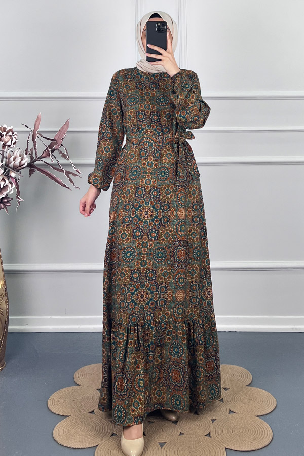 Vip Desenli Elbise - Yeşil