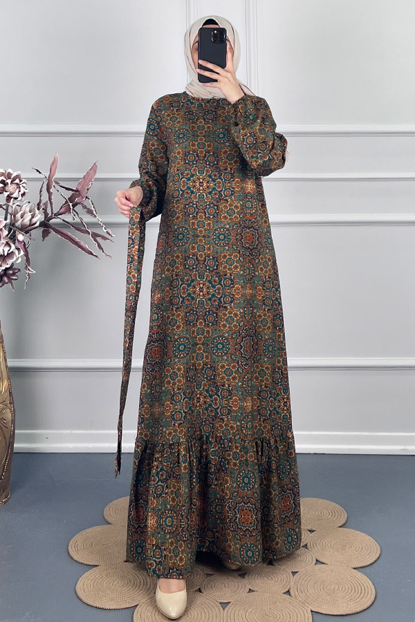 Vip Desenli Elbise - Yeşil