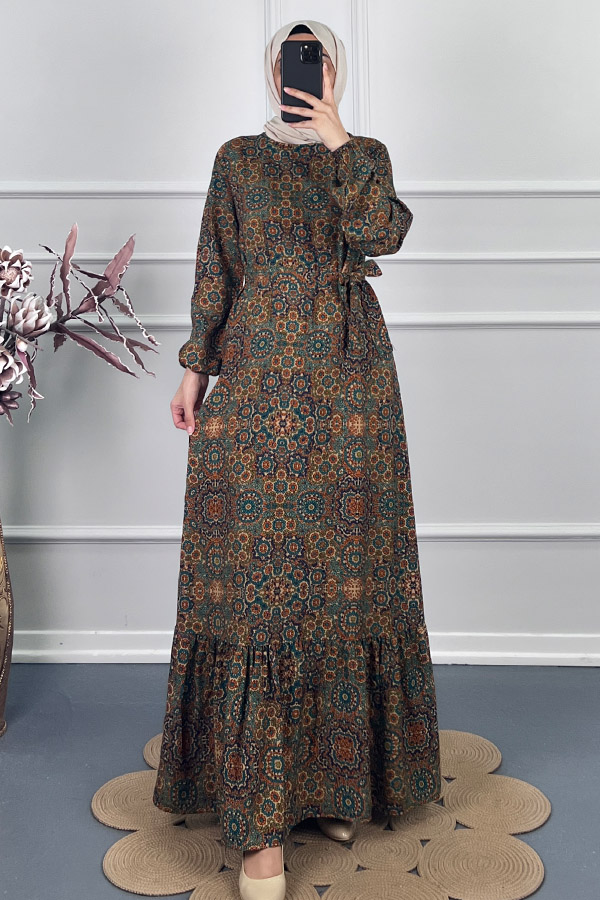 Vip Desenli Elbise - Yeşil