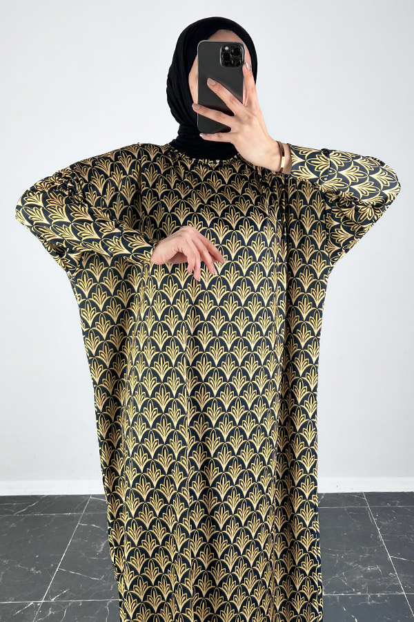 Vip Desenli Yarasa Kol Elbise - Gold Vip Desenli Yarasa Kol Elbise - Gold