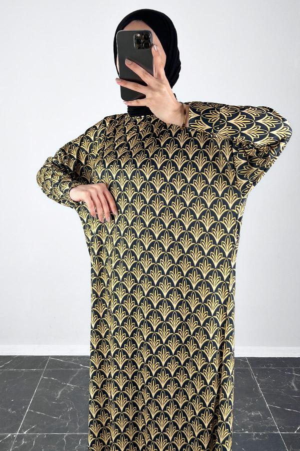 Vip Desenli Yarasa Kol Elbise - Gold Vip Desenli Yarasa Kol Elbise - Gold