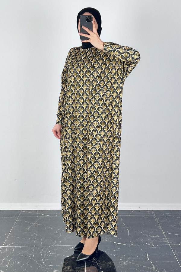 Vip Desenli Yarasa Kol Elbise - Gold Vip Desenli Yarasa Kol Elbise - Gold