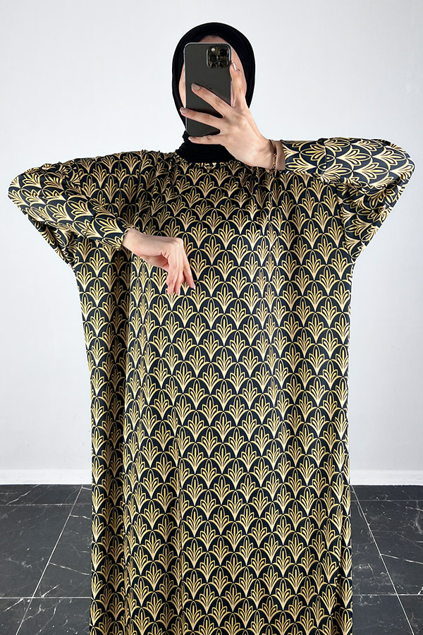 Vip Desenli Yarasa Kol Elbise - Gold Vip Desenli Yarasa Kol Elbise - Gold