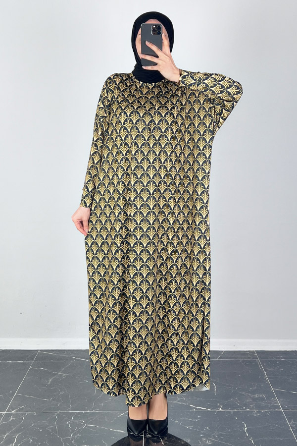 Vip Desenli Yarasa Kol Elbise - Gold Vip Desenli Yarasa Kol Elbise - Gold