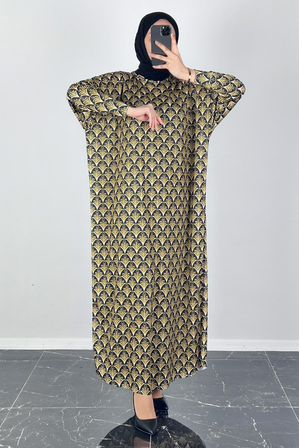Vip Desenli Yarasa Kol Elbise - Gold Vip Desenli Yarasa Kol Elbise - Gold