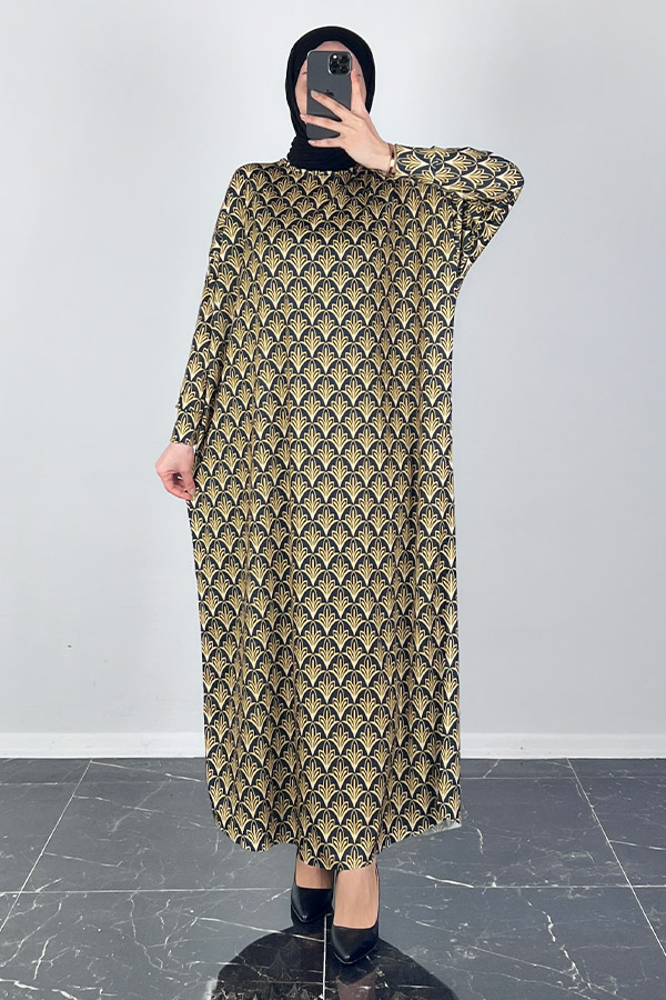 Vip Desenli Yarasa Kol Elbise - Gold Vip Desenli Yarasa Kol Elbise - Gold
