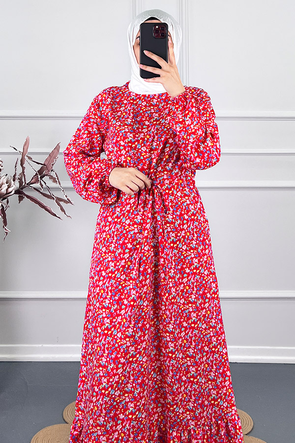 Viskon Kumaş Çiçekli Elbise - Kırmızı