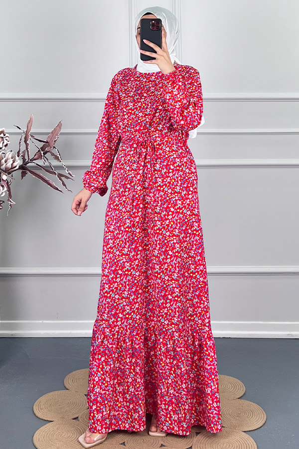 Viskon Kumaş Çiçekli Elbise - Kırmızı