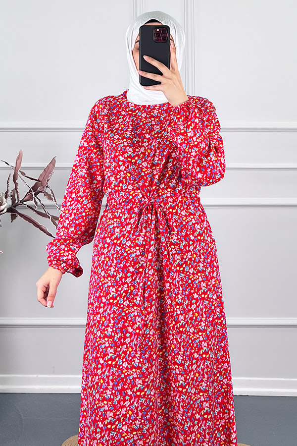 Viskon Kumaş Çiçekli Elbise - Kırmızı