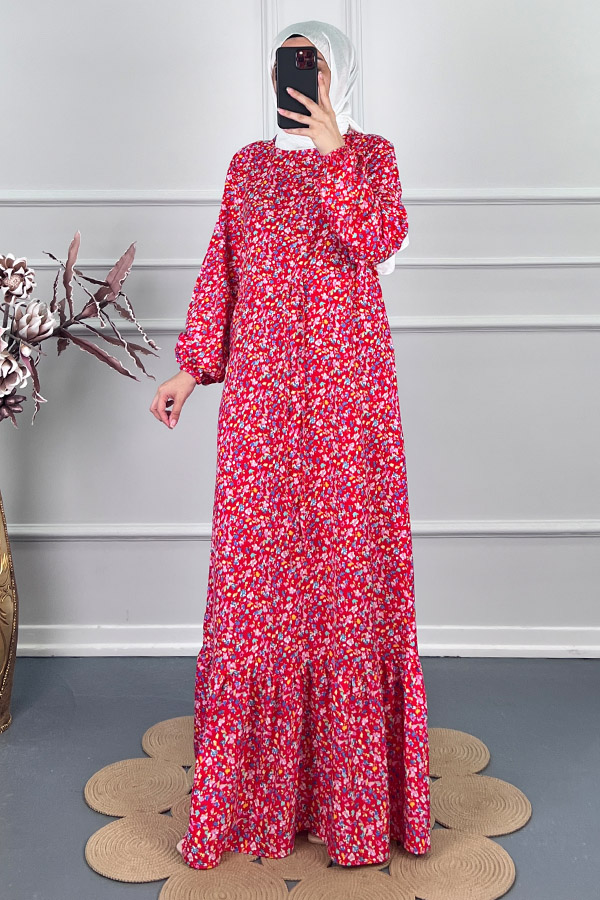 Viskon Kumaş Çiçekli Elbise - Kırmızı
