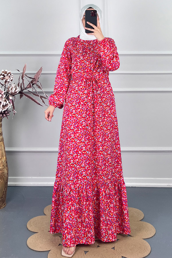Viskon Kumaş Çiçekli Elbise - Kırmızı