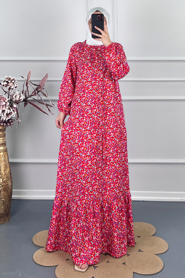 Viskon Kumaş Çiçekli Elbise - Kırmızı