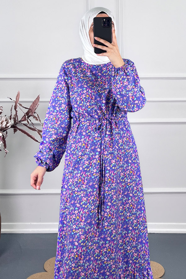 Viskon Kumaş Çiçekli Elbise - Mor