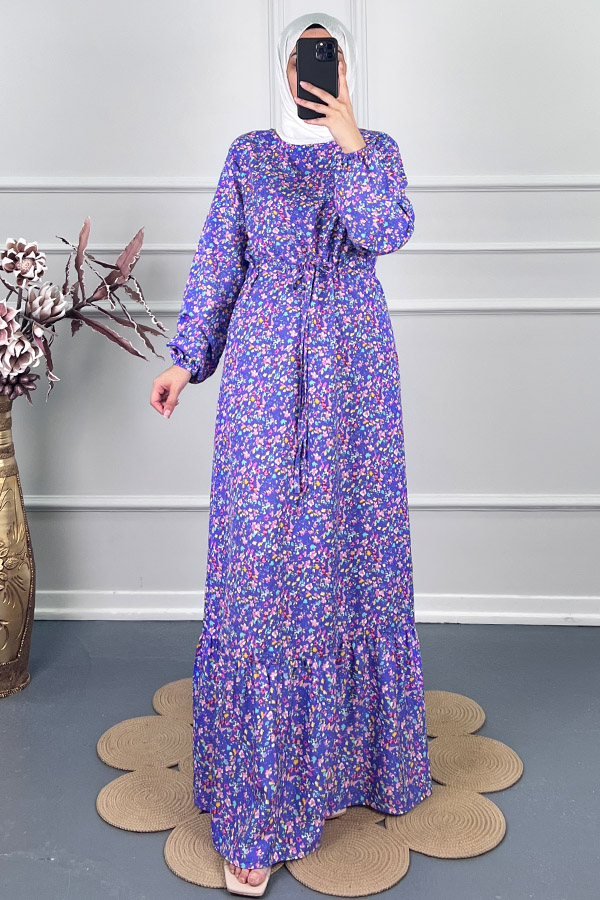 Viskon Kumaş Çiçekli Elbise - Mor