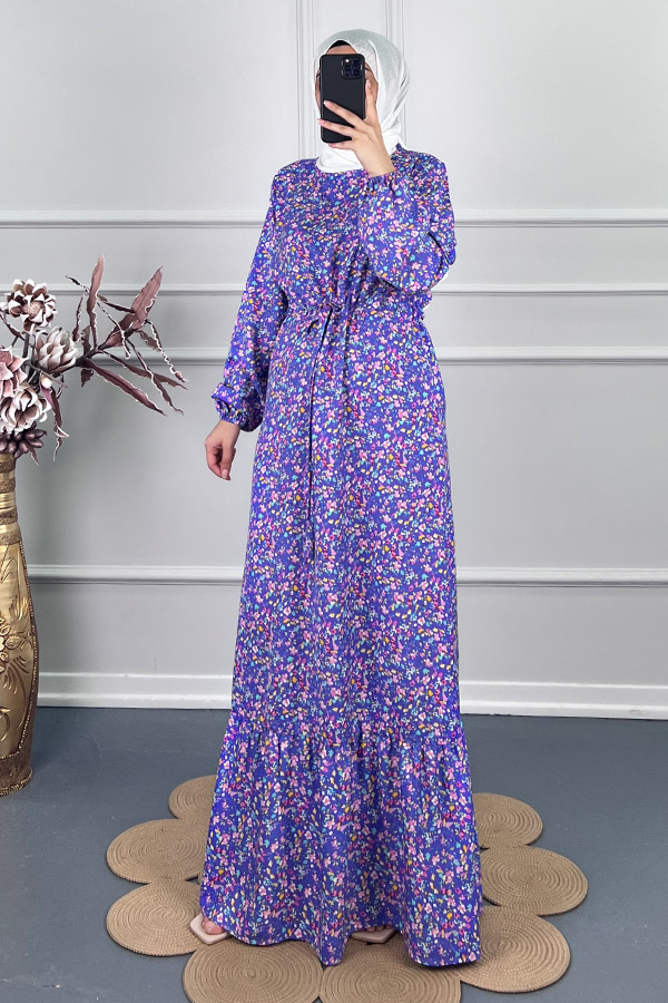 Viskon Kumaş Çiçekli Elbise - Mor