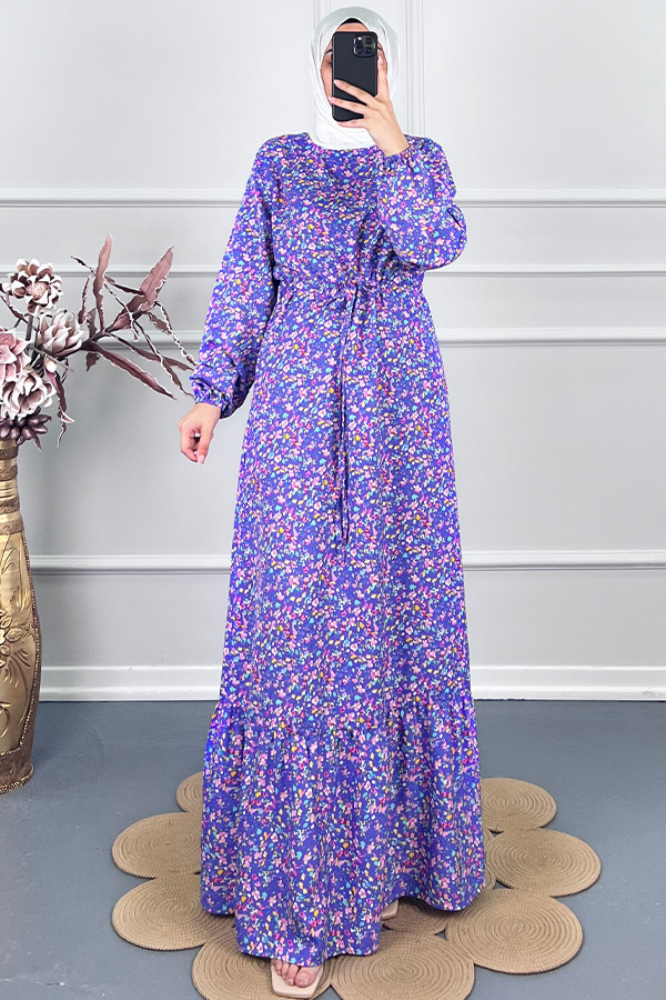 Viskon Kumaş Çiçekli Elbise - Mor