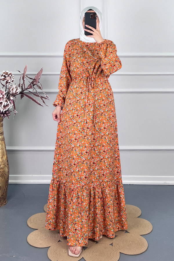 Viskon Kumaş Çiçekli Elbise - Turuncu