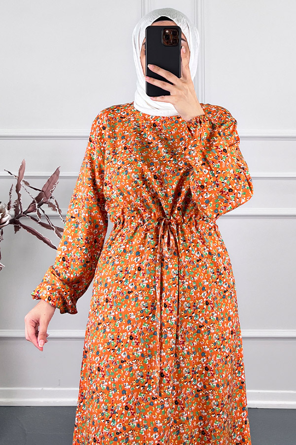 Viskon Kumaş Çiçekli Elbise - Turuncu