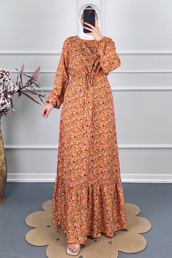 Viskon Kumaş Çiçekli Elbise - Turuncu