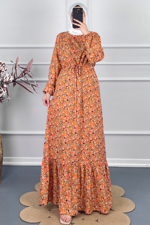 Viskon Kumaş Çiçekli Elbise - Turuncu