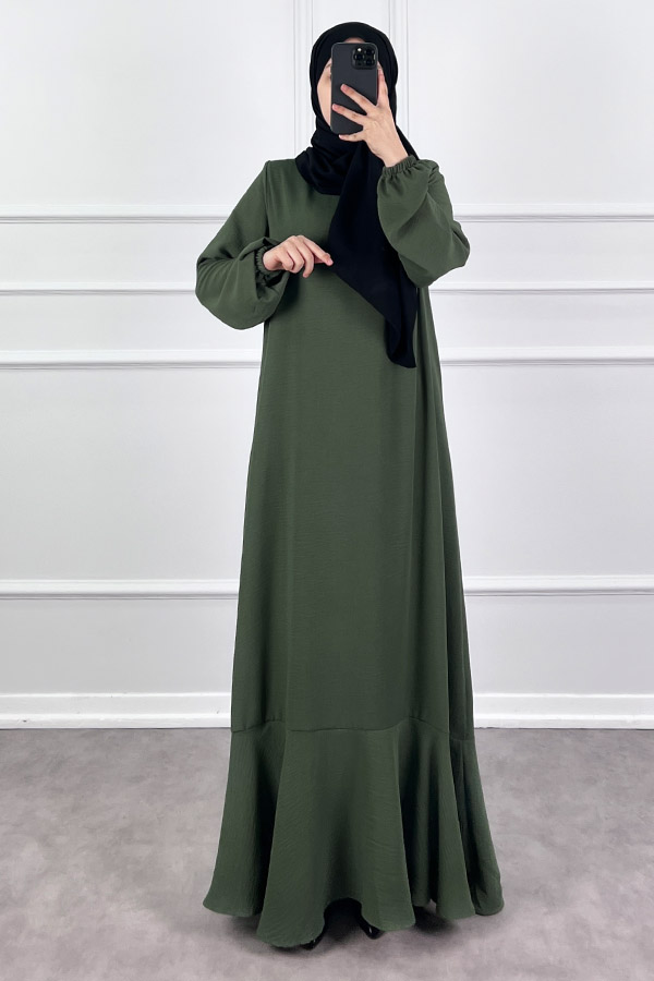 Volanlı Ayrobin Elbise - Haki