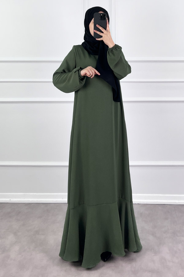 Volanlı Ayrobin Elbise - Haki