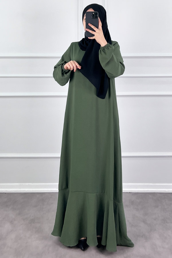 Volanlı Ayrobin Elbise - Haki