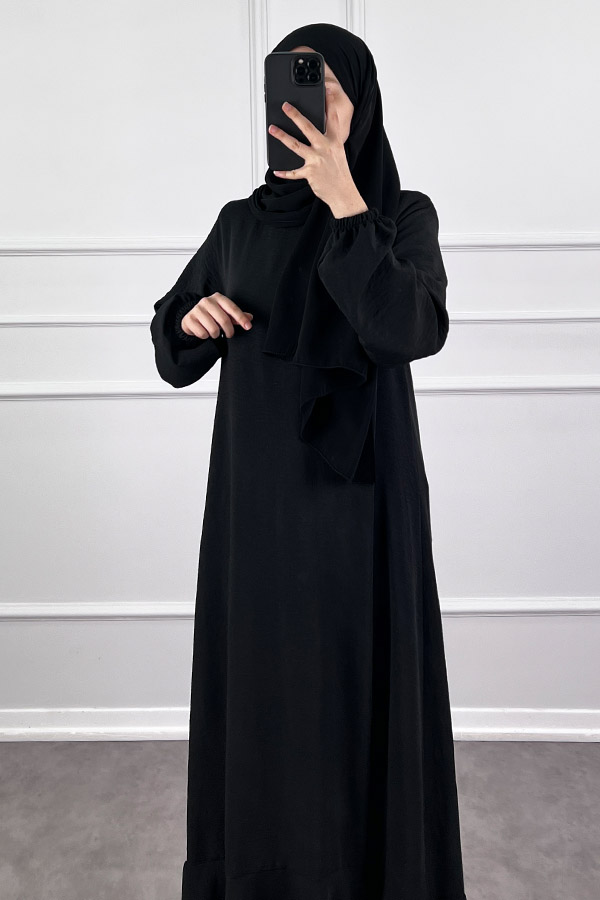 Volanlı Ayrobin Elbise - Siyah