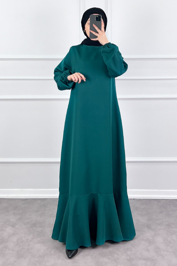Volanlı Elbise - Zümrüt Yeşili