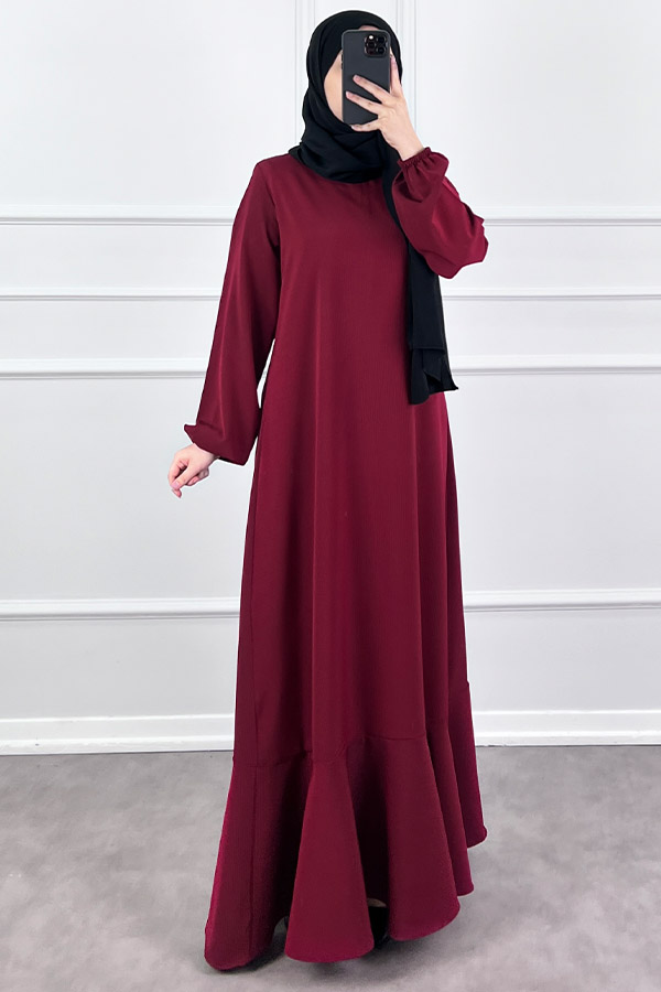 Volanlı Jakar Elbise - Bordo Volanlı Jakar Elbise - Bordo