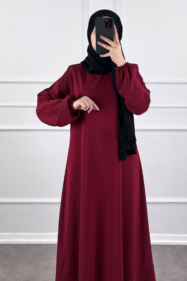 Volanlı Jakar Elbise - Bordo Volanlı Jakar Elbise - Bordo