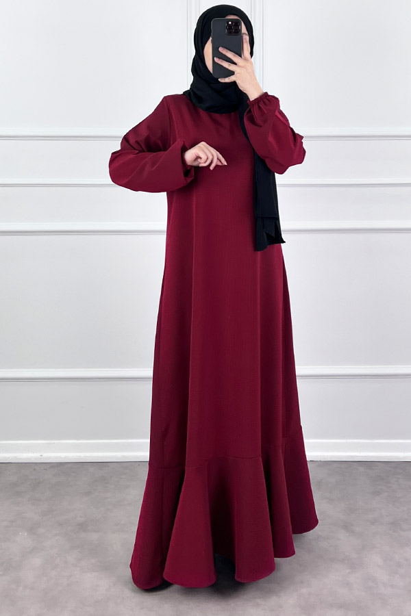 Volanlı Jakar Elbise - Bordo Volanlı Jakar Elbise - Bordo