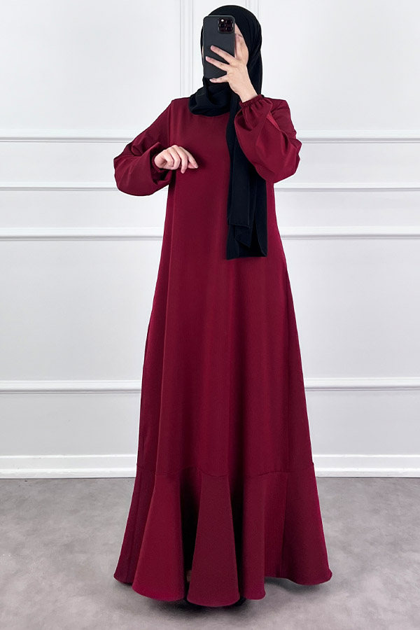 Volanlı Jakar Elbise - Bordo Volanlı Jakar Elbise - Bordo