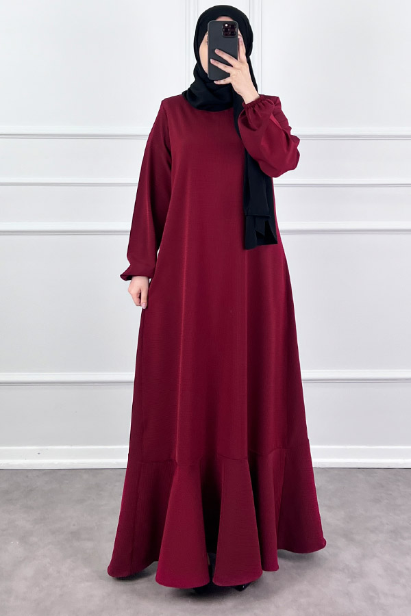 Volanlı Jakar Elbise - Bordo Volanlı Jakar Elbise - Bordo