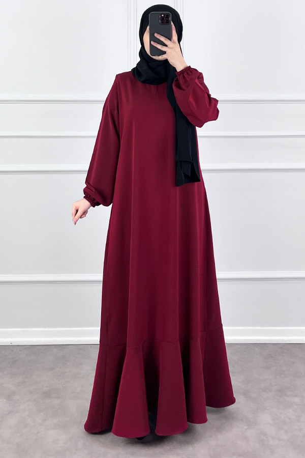 Volanlı Jakar Elbise - Bordo Volanlı Jakar Elbise - Bordo